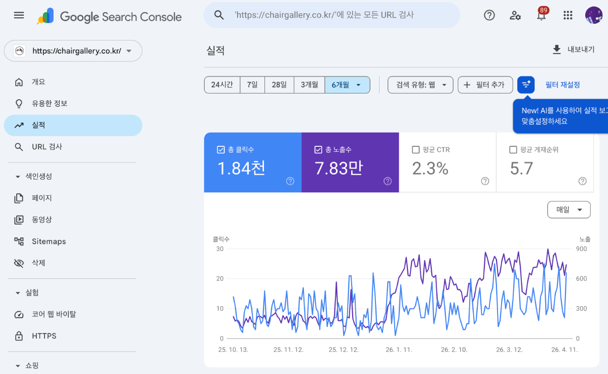 체어갤러리 구글 서치콘솔 실적 예시
