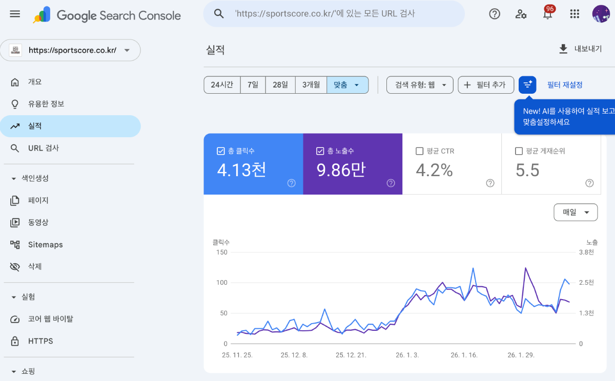 에스코어스키 구글 서치콘솔 실적 예시